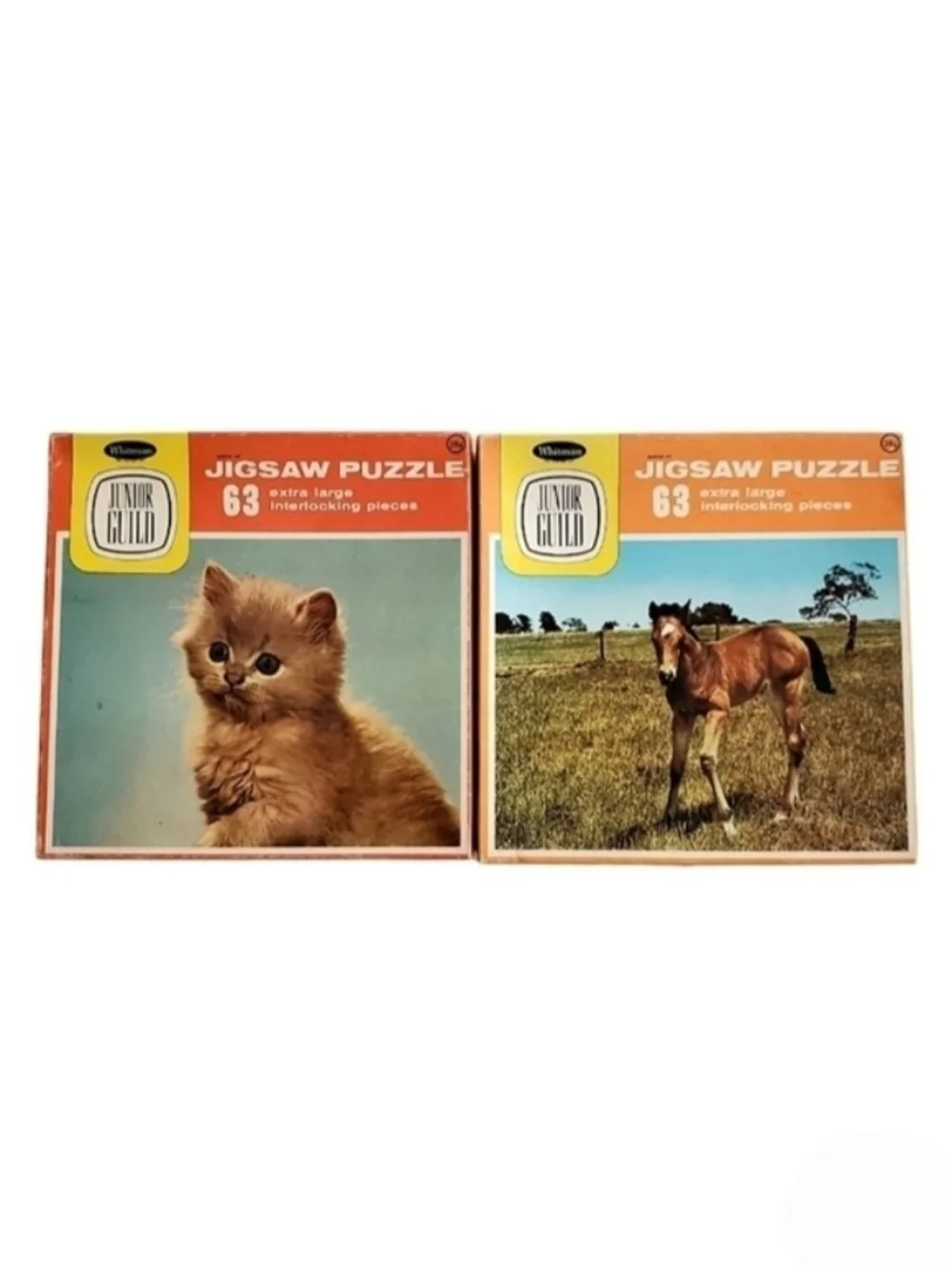 Whitman Junior Guild Jigsaw Puzzles Set of 2 Horse and Cat Themes Vintage